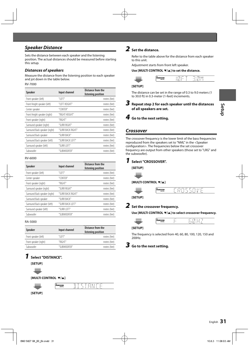 Set u p speaker distance speaker distance, Crossover | Kenwood RA-5000 User Manual | Page 31 / 60