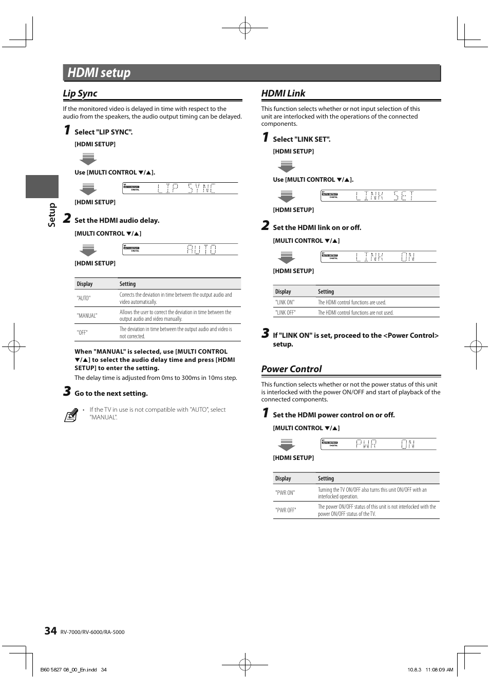 Hdmi setup, Set u p, Lip sync | Hdmi link, Power control | Kenwood RA-5000 User Manual | Page 34 / 60