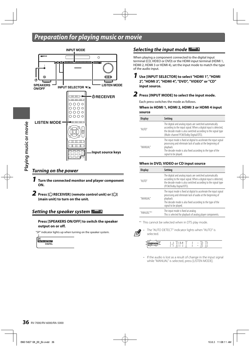 Preparation for playing music or movie, Turning on the power, Setting the speaker system | Selecting the input mode | Kenwood RA-5000 User Manual | Page 36 / 60