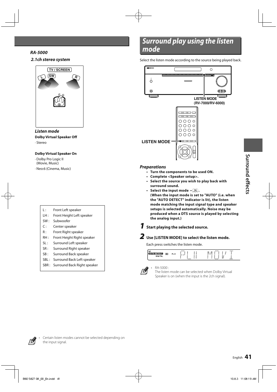 Surround play using the listen mode, Su rrou n d ef fe c ts | Kenwood RA-5000 User Manual | Page 41 / 60