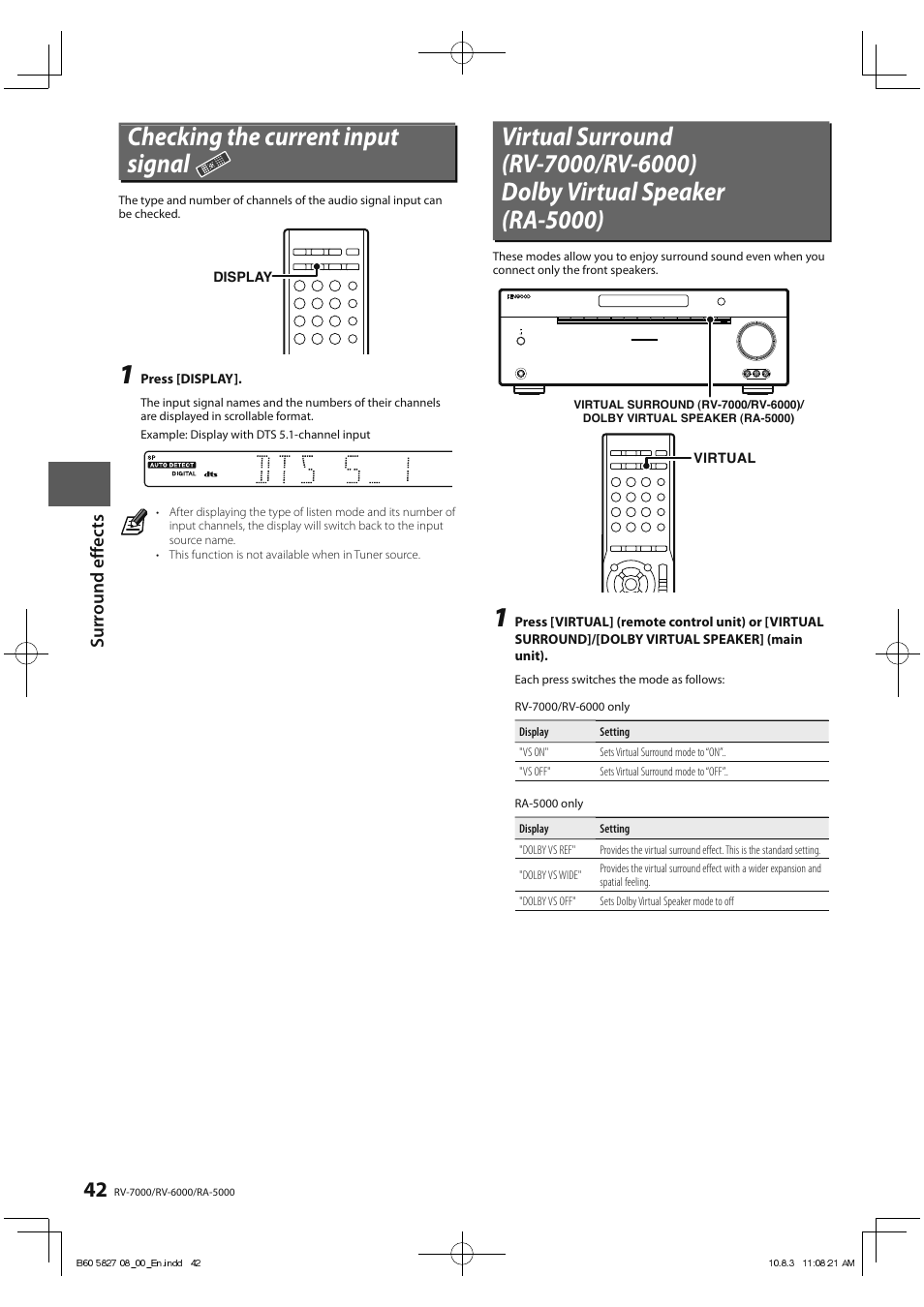 Checking the current input signal, Su rrou n d ef fe c ts | Kenwood RA-5000 User Manual | Page 42 / 60