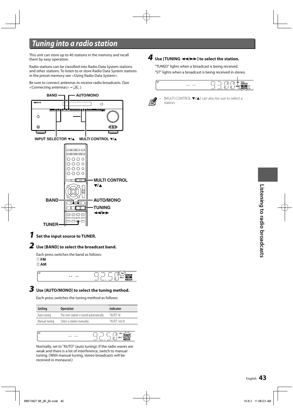 Tuning into a radio station | Kenwood RA-5000 User Manual | Page 43 / 60