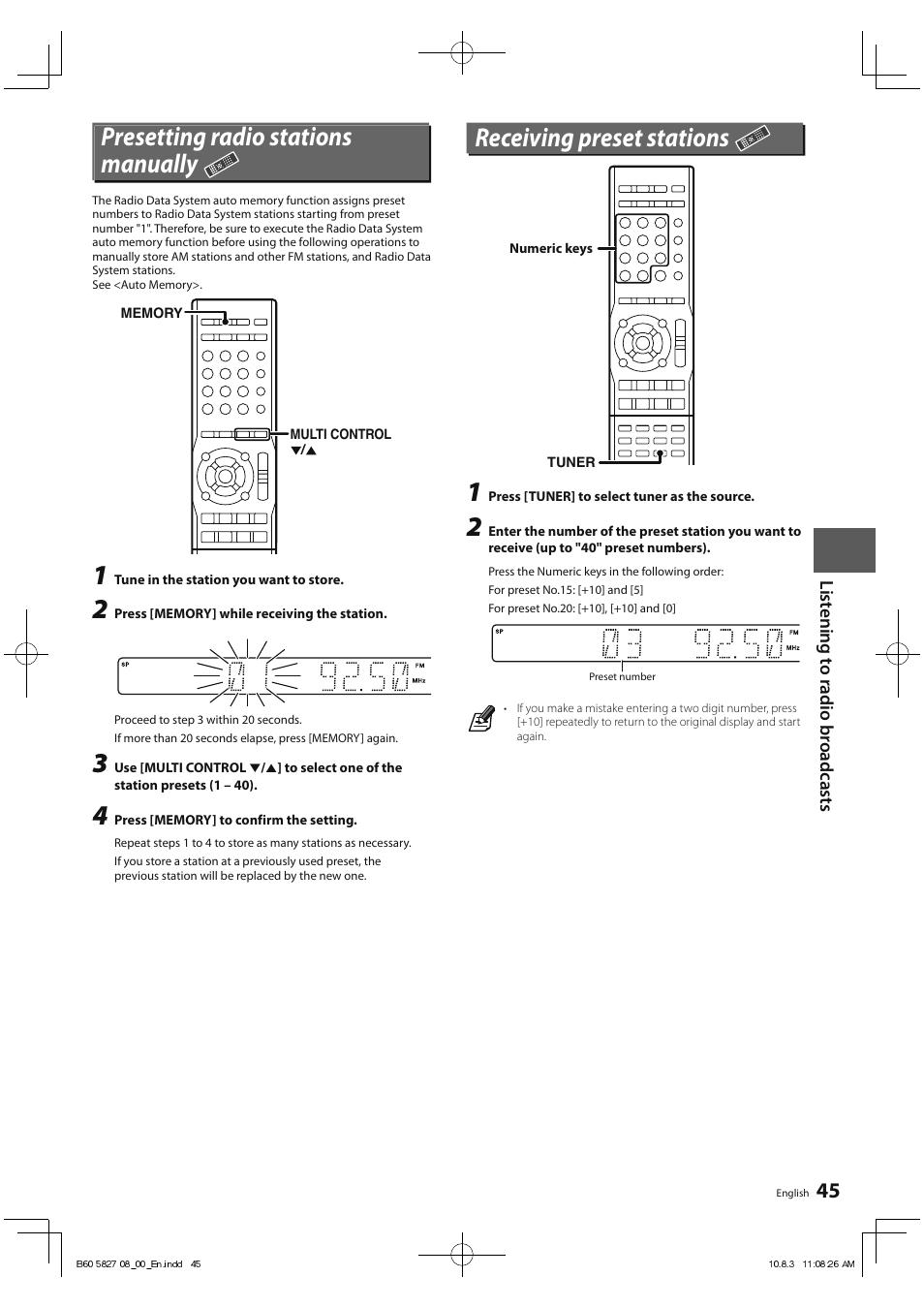 Presetting radio stations manually, Receiving preset stations | Kenwood RA-5000 User Manual | Page 45 / 60