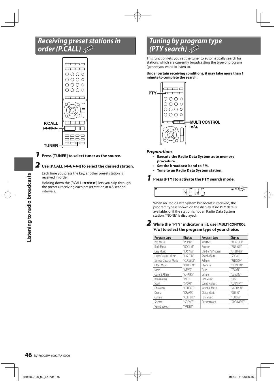 Receiving preset stations in order (p.call), Tuning by program type (pty search) | Kenwood RA-5000 User Manual | Page 46 / 60