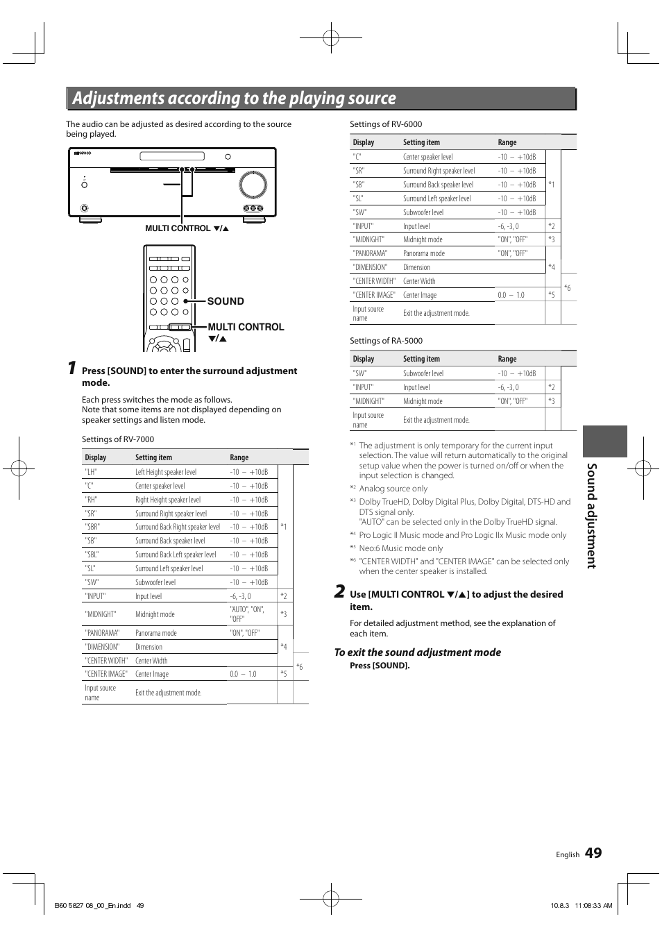 Adjustments according to the playing source, Sound ad ju st men t | Kenwood RA-5000 User Manual | Page 49 / 60