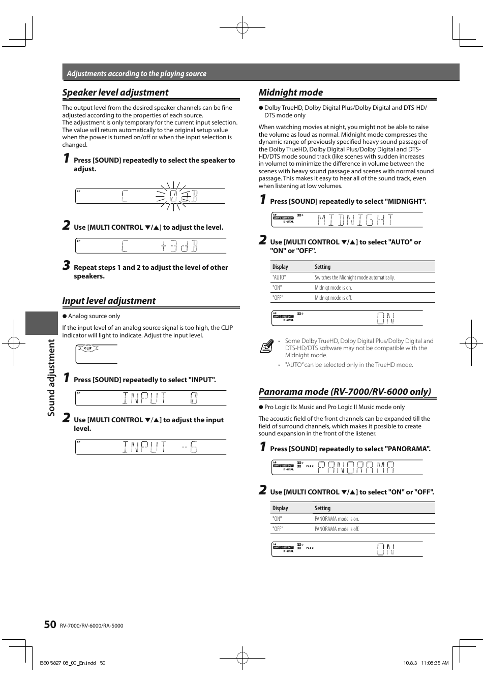 Input level adjustment, Midnight mode | Kenwood RA-5000 User Manual | Page 50 / 60