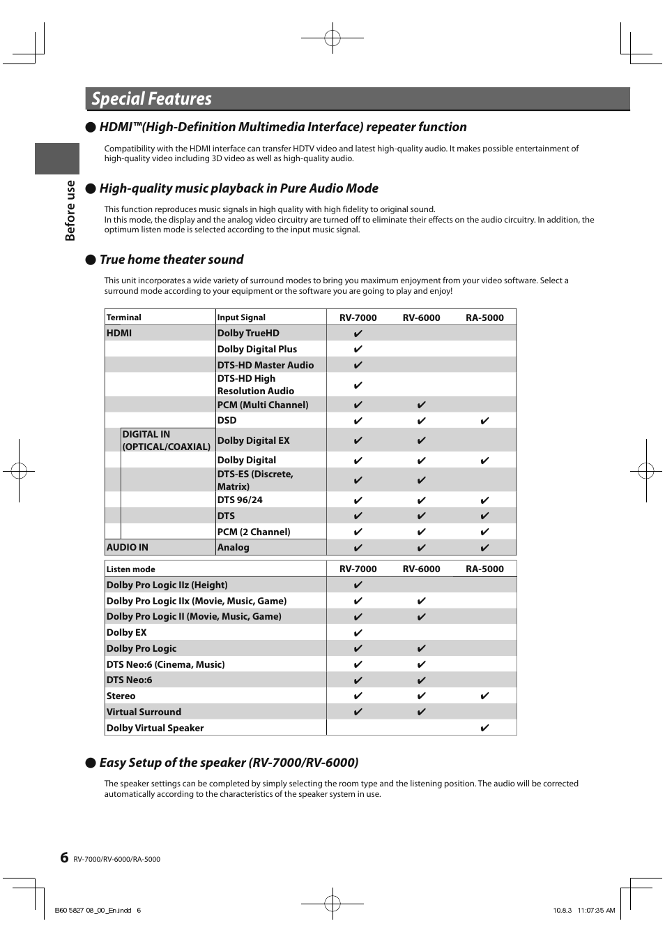 Special features, Before use, True home theater sound true home theater sound | Kenwood RA-5000 User Manual | Page 6 / 60