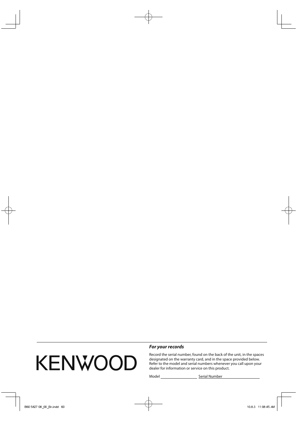 For your records | Kenwood RA-5000 User Manual | Page 60 / 60