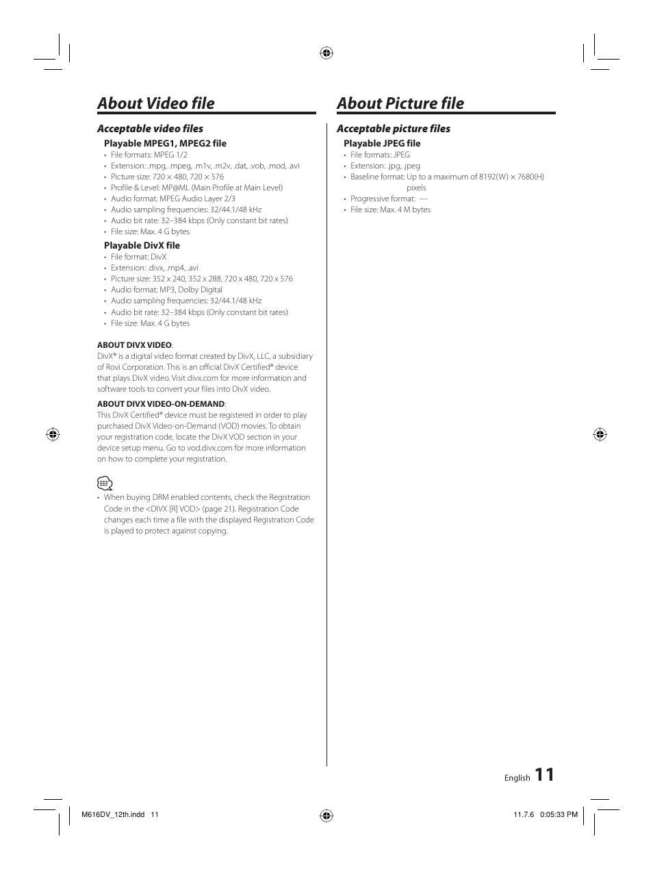 About video file about picture file | Kenwood M-616DV-W User Manual | Page 11 / 32