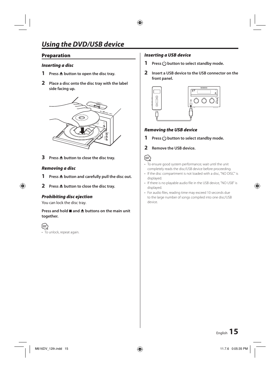 Using the dvd/usb device | Kenwood M-616DV-W User Manual | Page 15 / 32