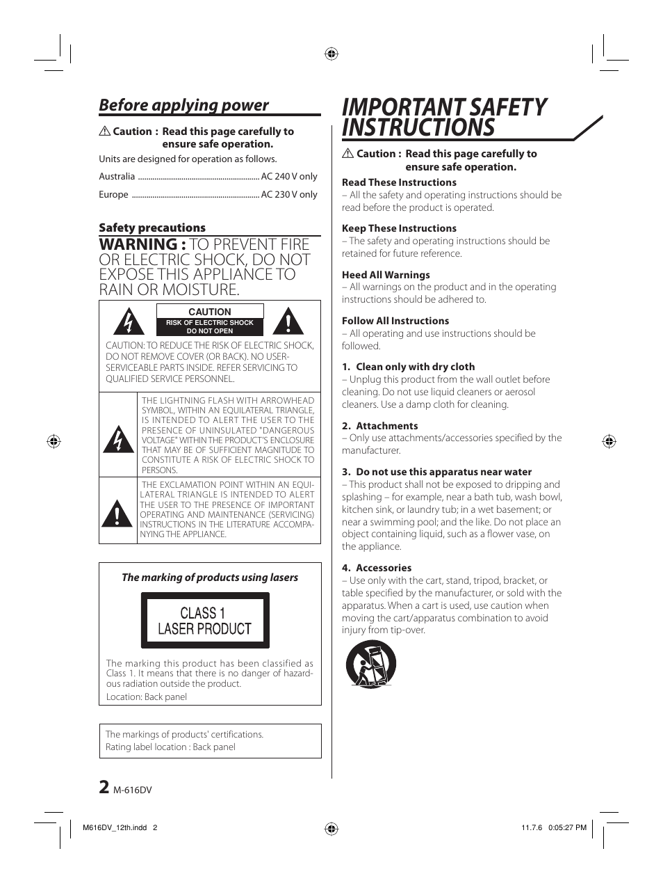 Important safety instructions, Before applying power | Kenwood M-616DV-W User Manual | Page 2 / 32