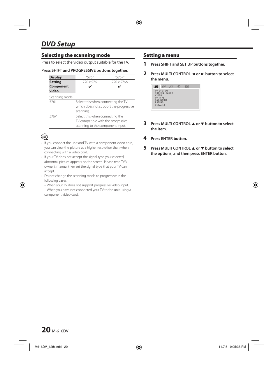 Dvd setup, Selecting the scanning mode, Setting a menu | Kenwood M-616DV-W User Manual | Page 20 / 32