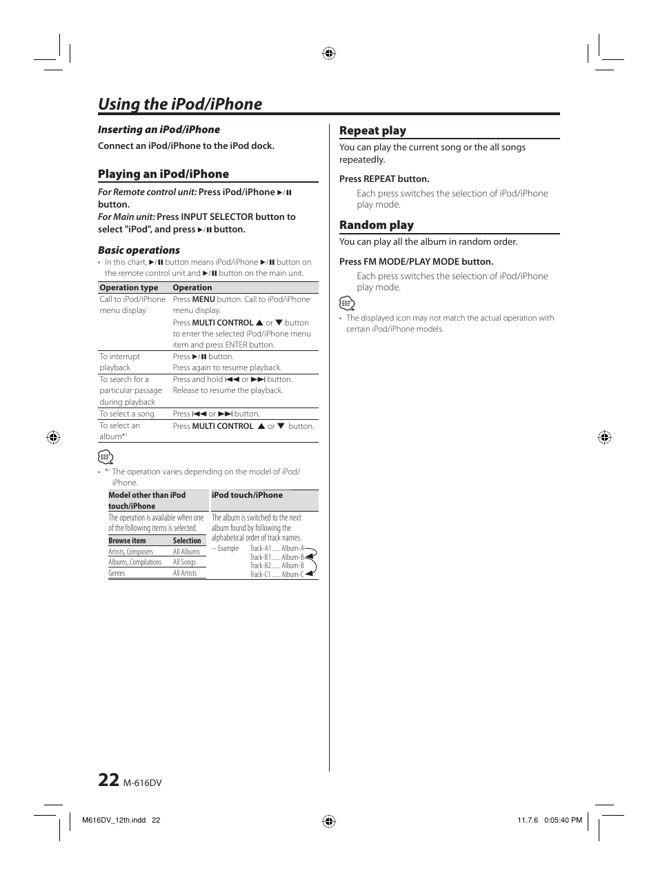 Using the ipod/iphone, Playing an ipod/iphone, Repeat play | Random play | Kenwood M-616DV-W User Manual | Page 22 / 32