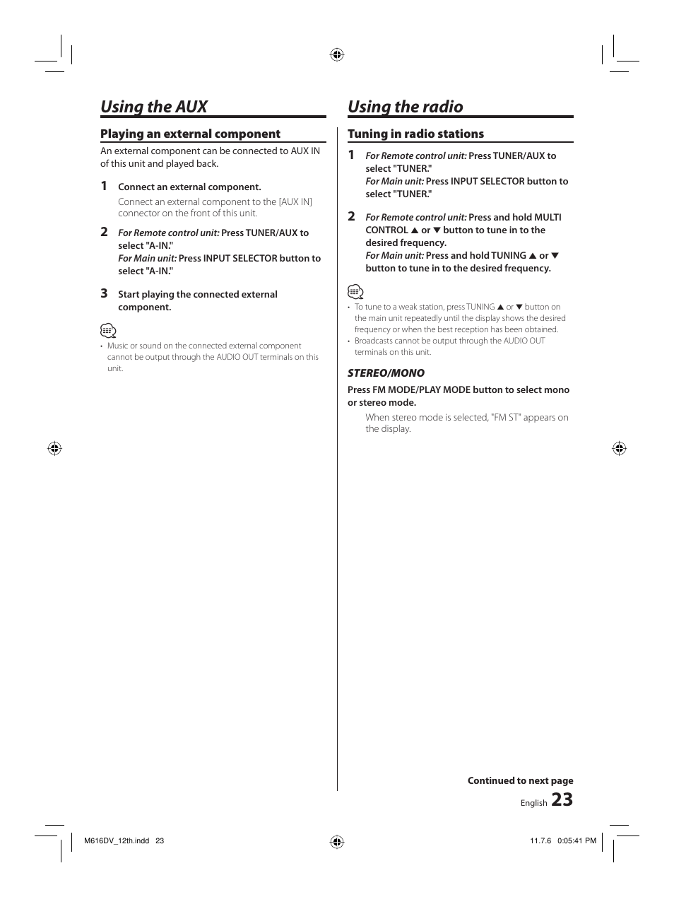 Using the aux using the radio | Kenwood M-616DV-W User Manual | Page 23 / 32
