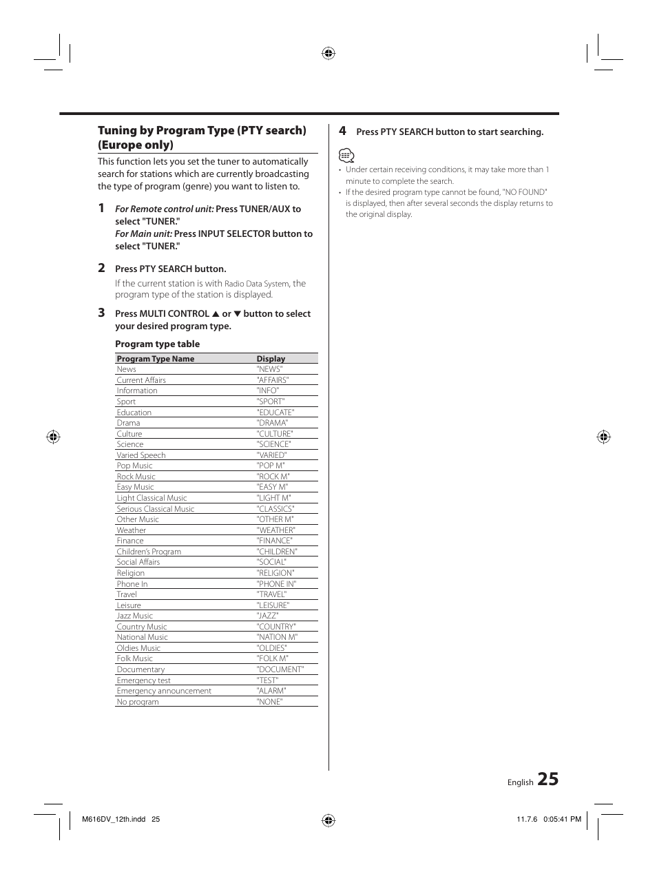 Tuning by program type (pty search) (europe only) | Kenwood M-616DV-W User Manual | Page 25 / 32