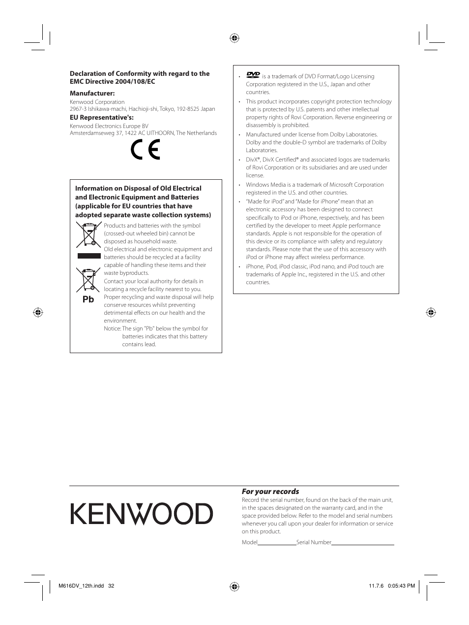 For your records | Kenwood M-616DV-W User Manual | Page 32 / 32