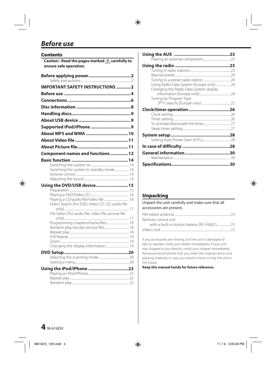 Before use | Kenwood M-616DV-W User Manual | Page 4 / 32
