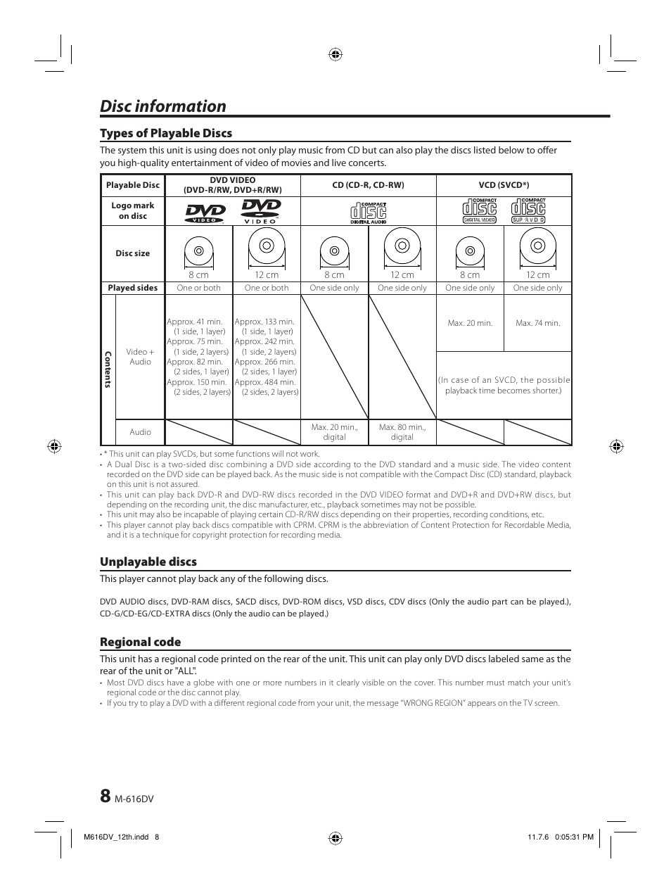 Disc information, Types of playable discs, Unplayable discs | Regional code | Kenwood M-616DV-W User Manual | Page 8 / 32