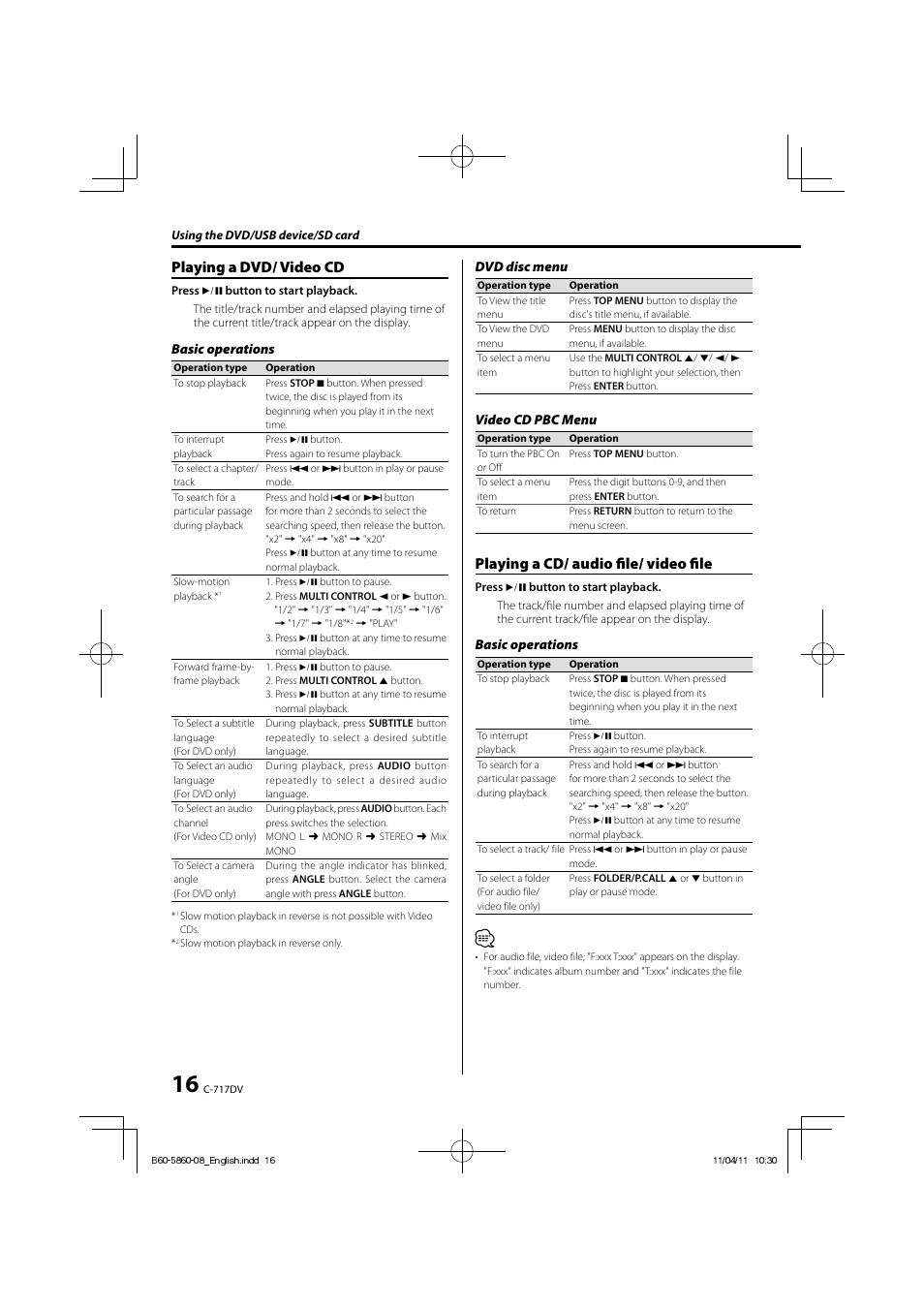 Playing a dvd/ video cd, Playing a cd/ audio fi le/ video fi le | Kenwood C-717DV User Manual | Page 16 / 32