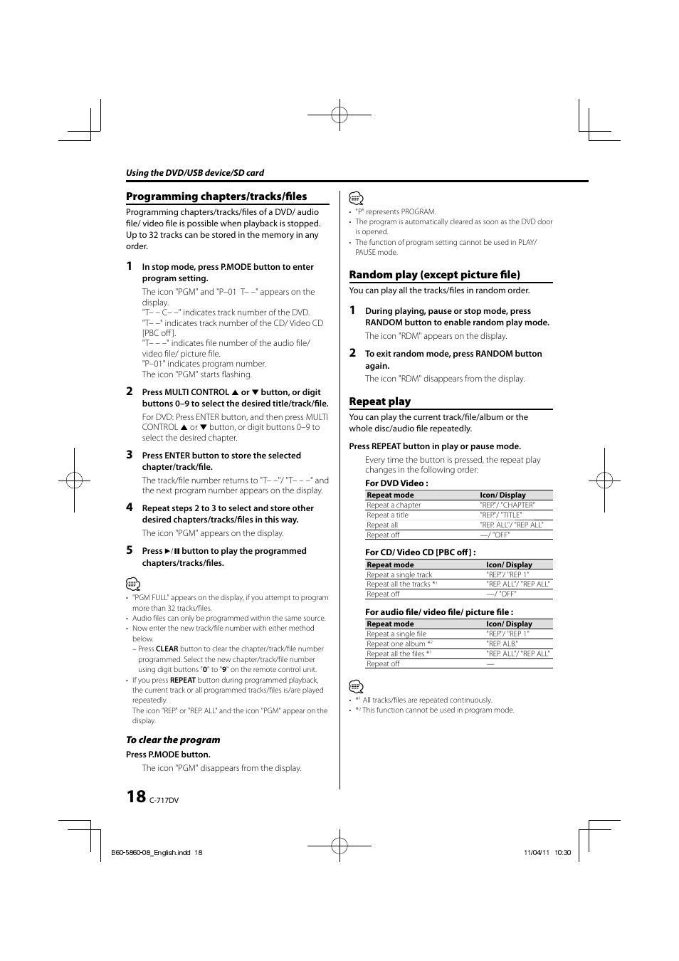 Programming chapters/tracks/fi les, Random play (except picture fi le), Repeat play | Kenwood C-717DV User Manual | Page 18 / 32
