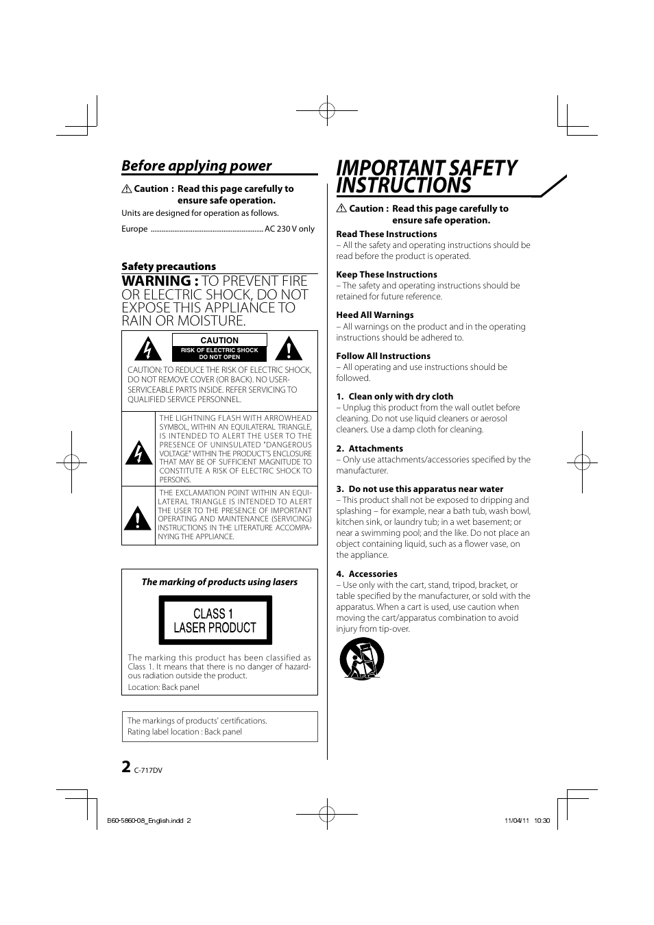 Important safety instructions, Before applying power | Kenwood C-717DV User Manual | Page 2 / 32