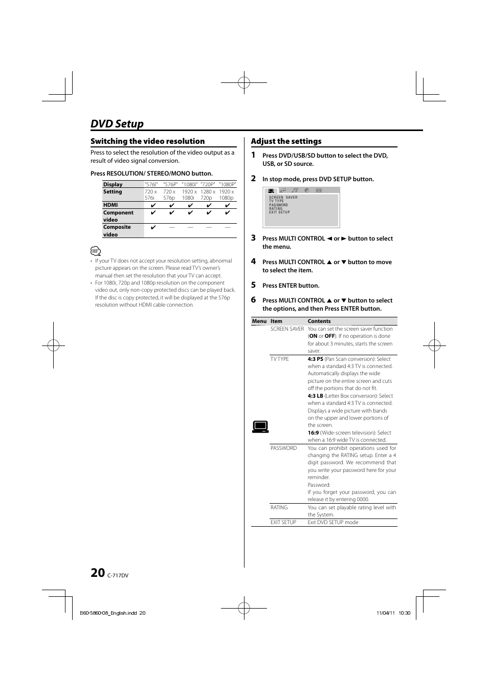 Dvd setup, Switching the video resolution, Adjust the settings | Kenwood C-717DV User Manual | Page 20 / 32