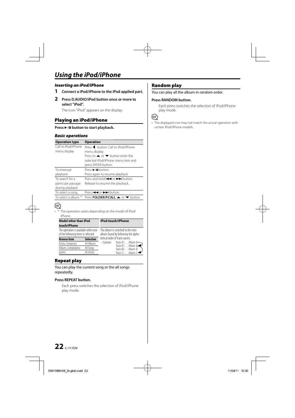 Using the ipod/iphone, Playing an ipod/iphone, Repeat play | Random play | Kenwood C-717DV User Manual | Page 22 / 32