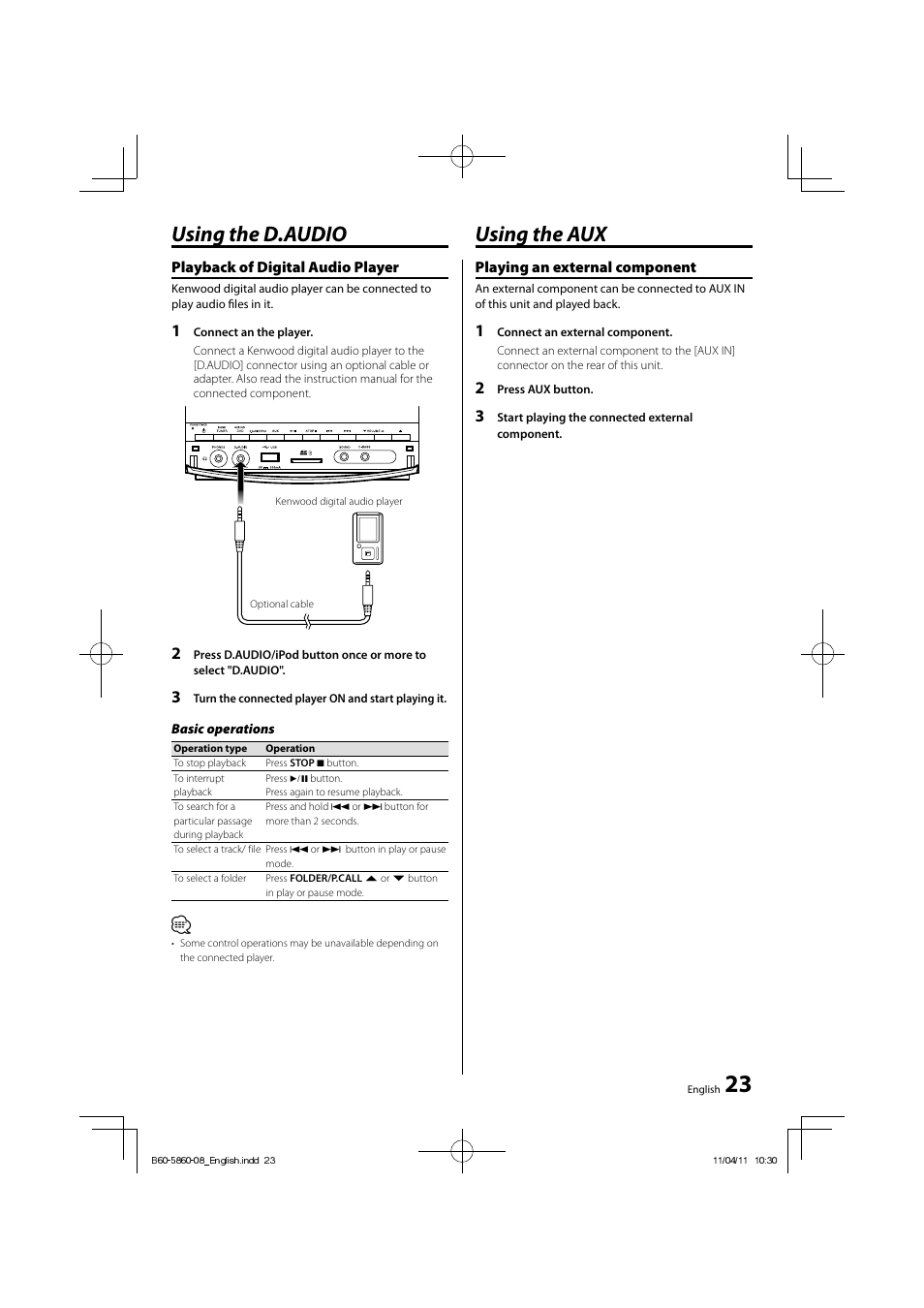 Using the aux, Using the d.audio | Kenwood C-717DV User Manual | Page 23 / 32