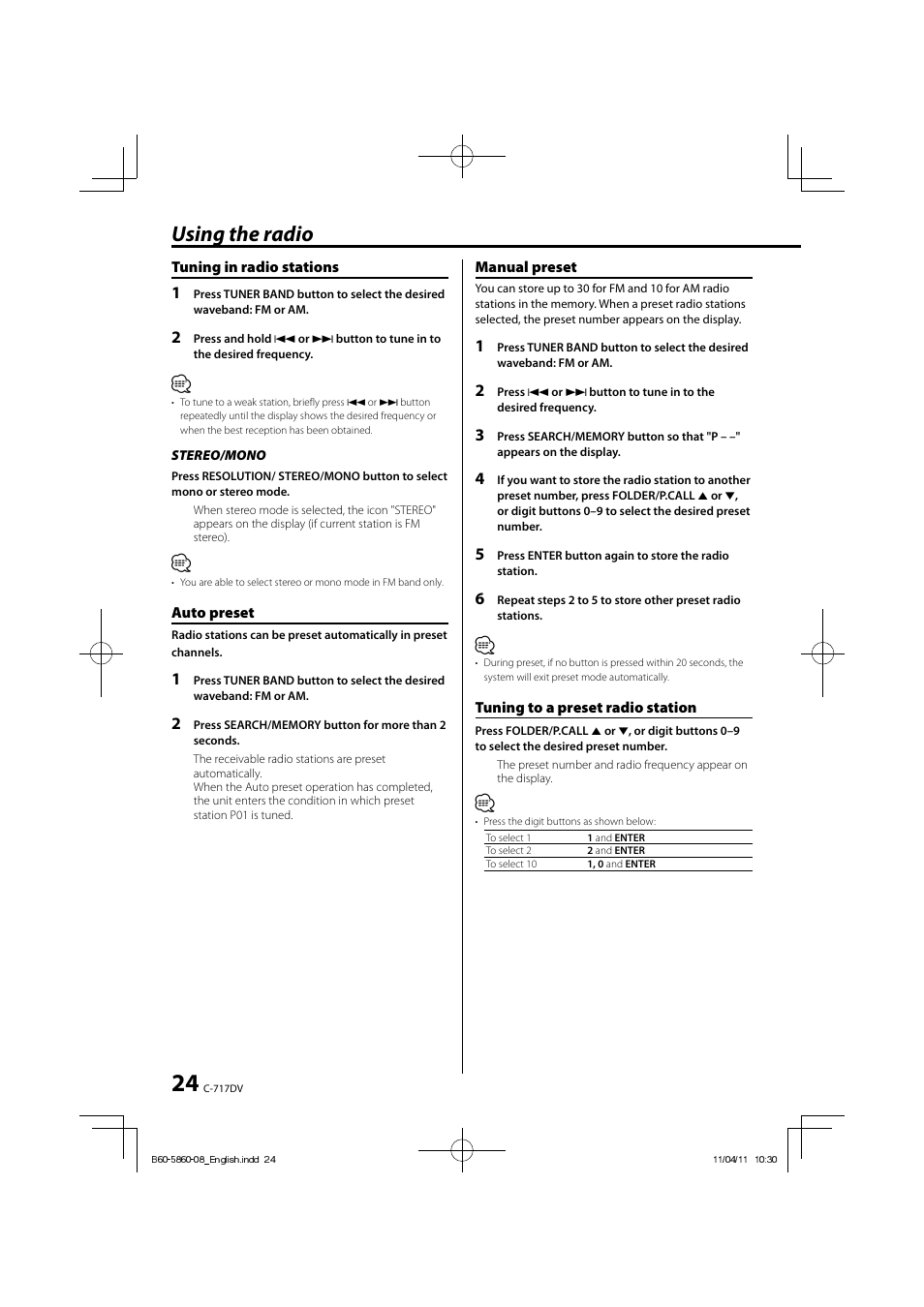 Using the radio | Kenwood C-717DV User Manual | Page 24 / 32