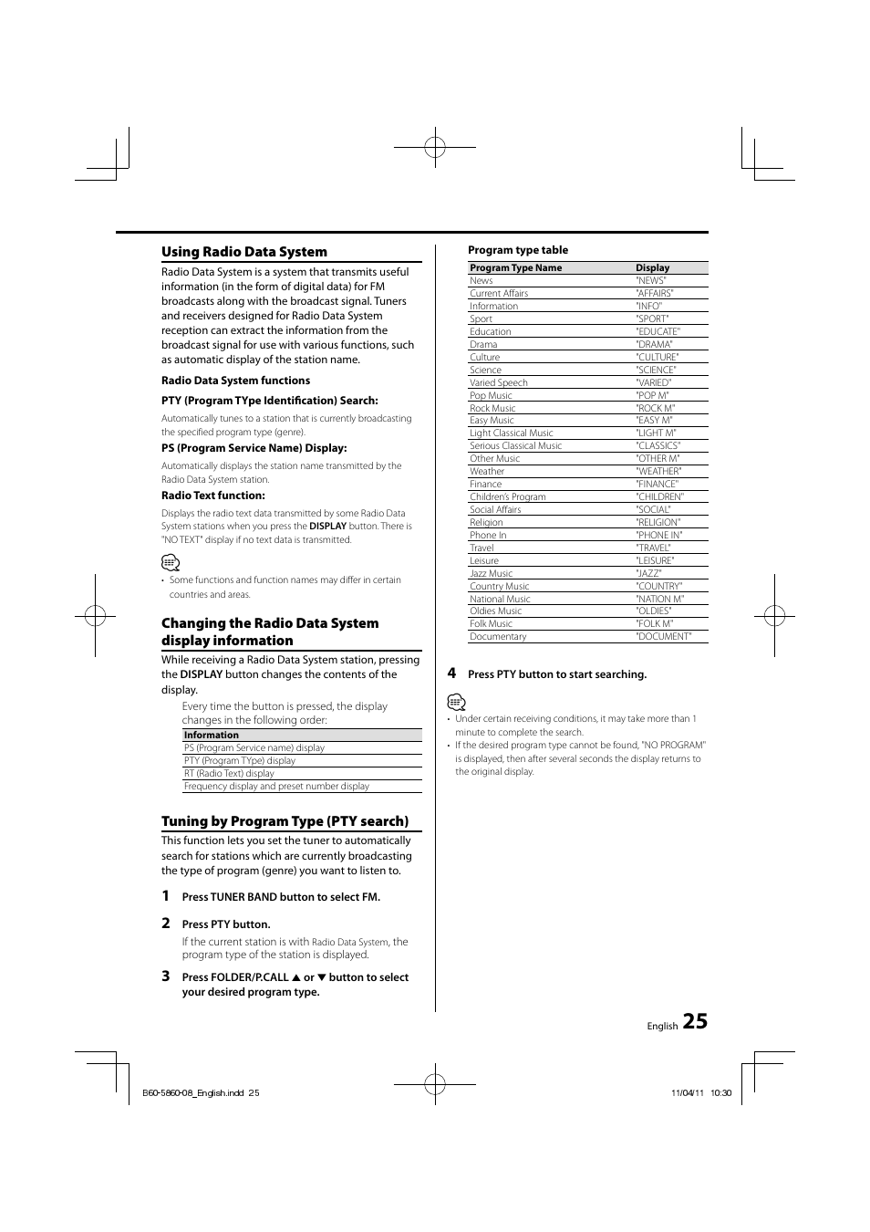 Using radio data system, Changing the radio data system display information, Tuning by program type (pty search) | Kenwood C-717DV User Manual | Page 25 / 32