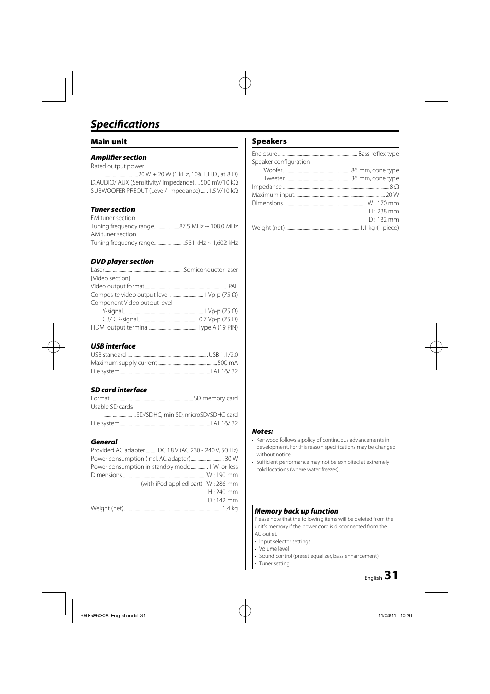 Specifi cations | Kenwood C-717DV User Manual | Page 31 / 32