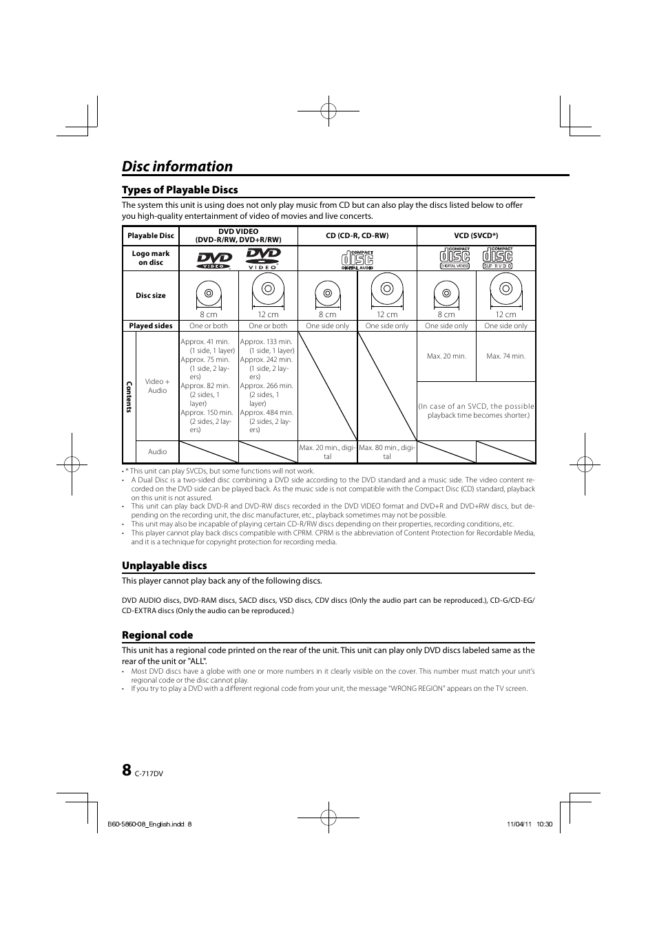 Disc information, Types of playable discs, Unplayable discs | Regional code | Kenwood C-717DV User Manual | Page 8 / 32