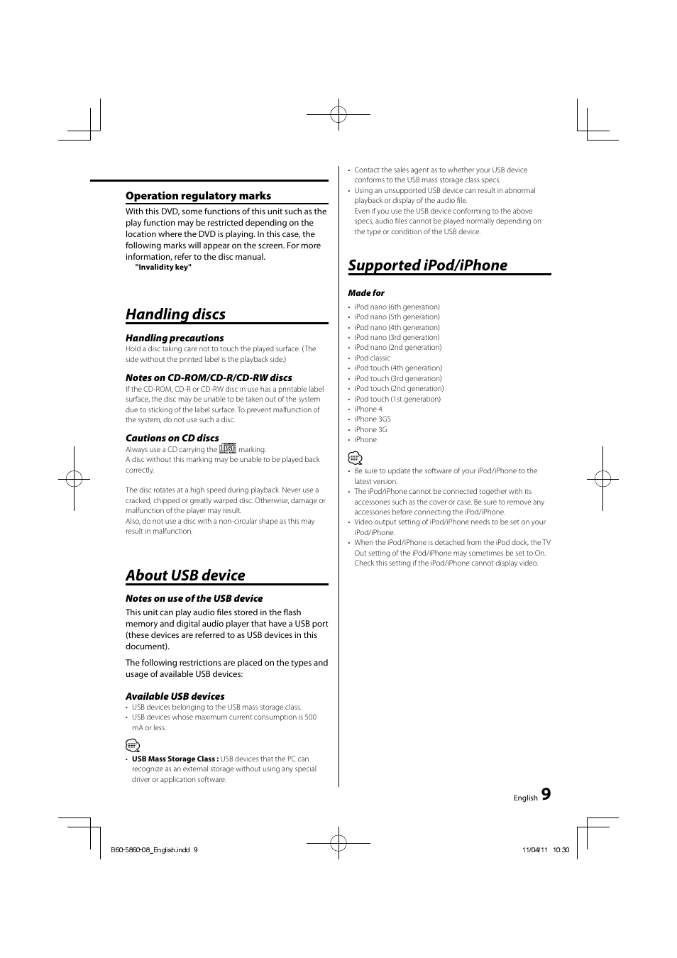 About usb device, Handling discs, Supported ipod/iphone | Kenwood C-717DV User Manual | Page 9 / 32