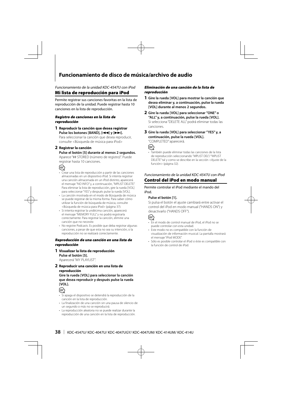 Funcionamiento de disco de música/archivo de audio, Mi lista de reproducción para ipod, Control del ipod en modo manual | Kenwood KDC-4547UB User Manual | Page 14 / 24