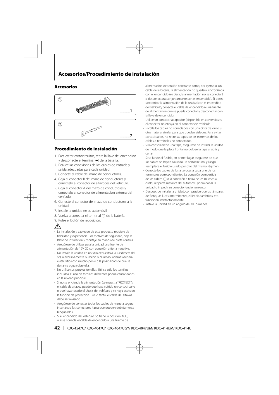 Accesorios/procedimiento de instalación, Accesorios 1 2 procedimiento de instalación | Kenwood KDC-4547UB User Manual | Page 18 / 24