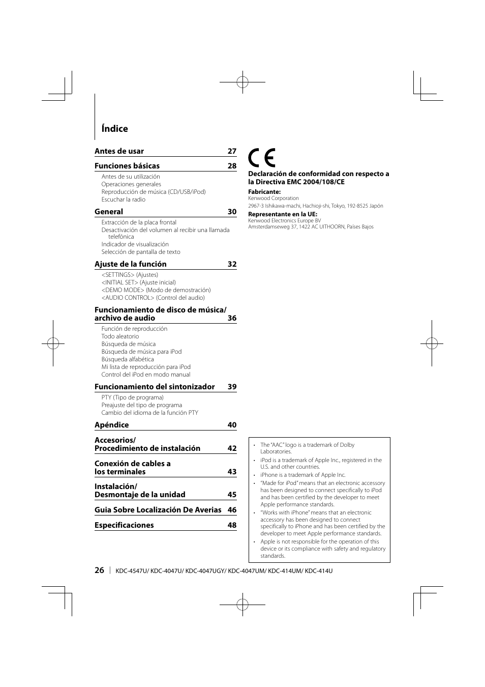 Índice | Kenwood KDC-4547UB User Manual | Page 2 / 24