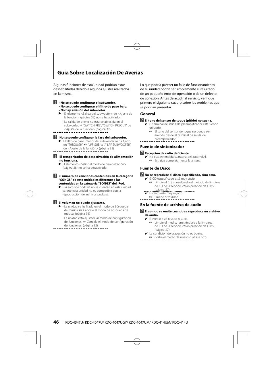 Guia sobre localización de averias | Kenwood KDC-4547UB User Manual | Page 22 / 24