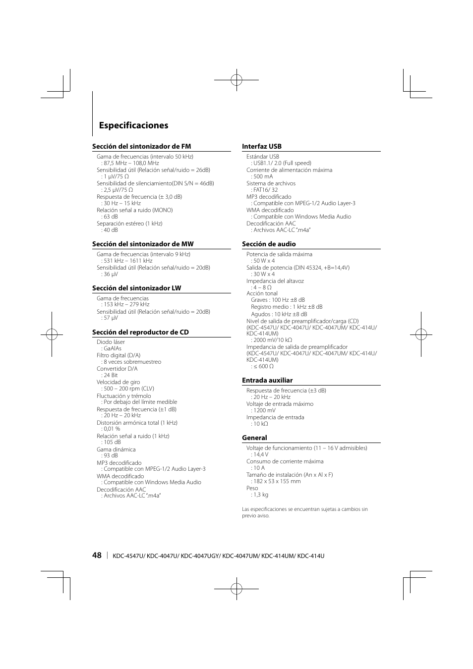 Especificaciones | Kenwood KDC-4547UB User Manual | Page 24 / 24