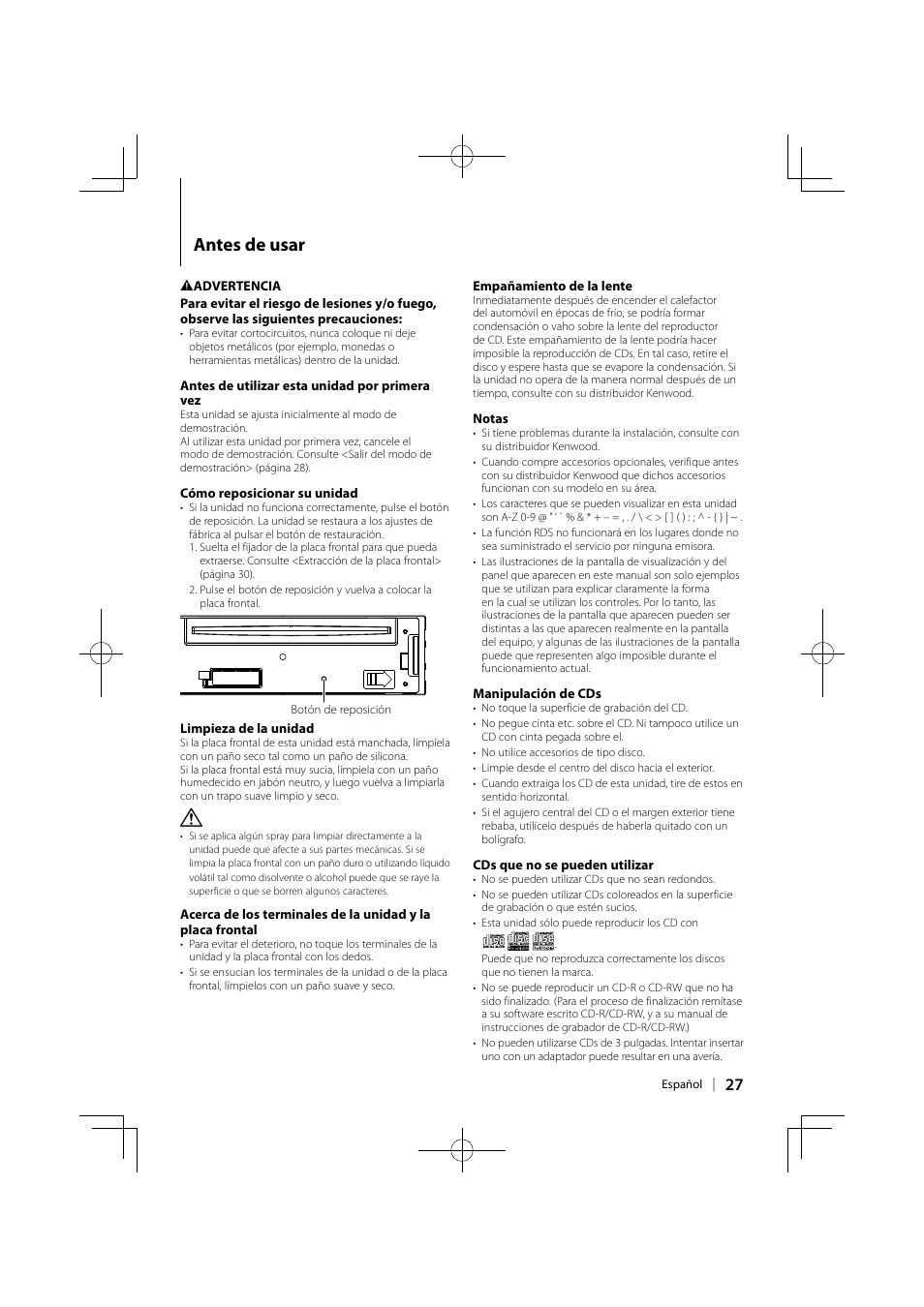 Antes de usar | Kenwood KDC-4547UB User Manual | Page 3 / 24