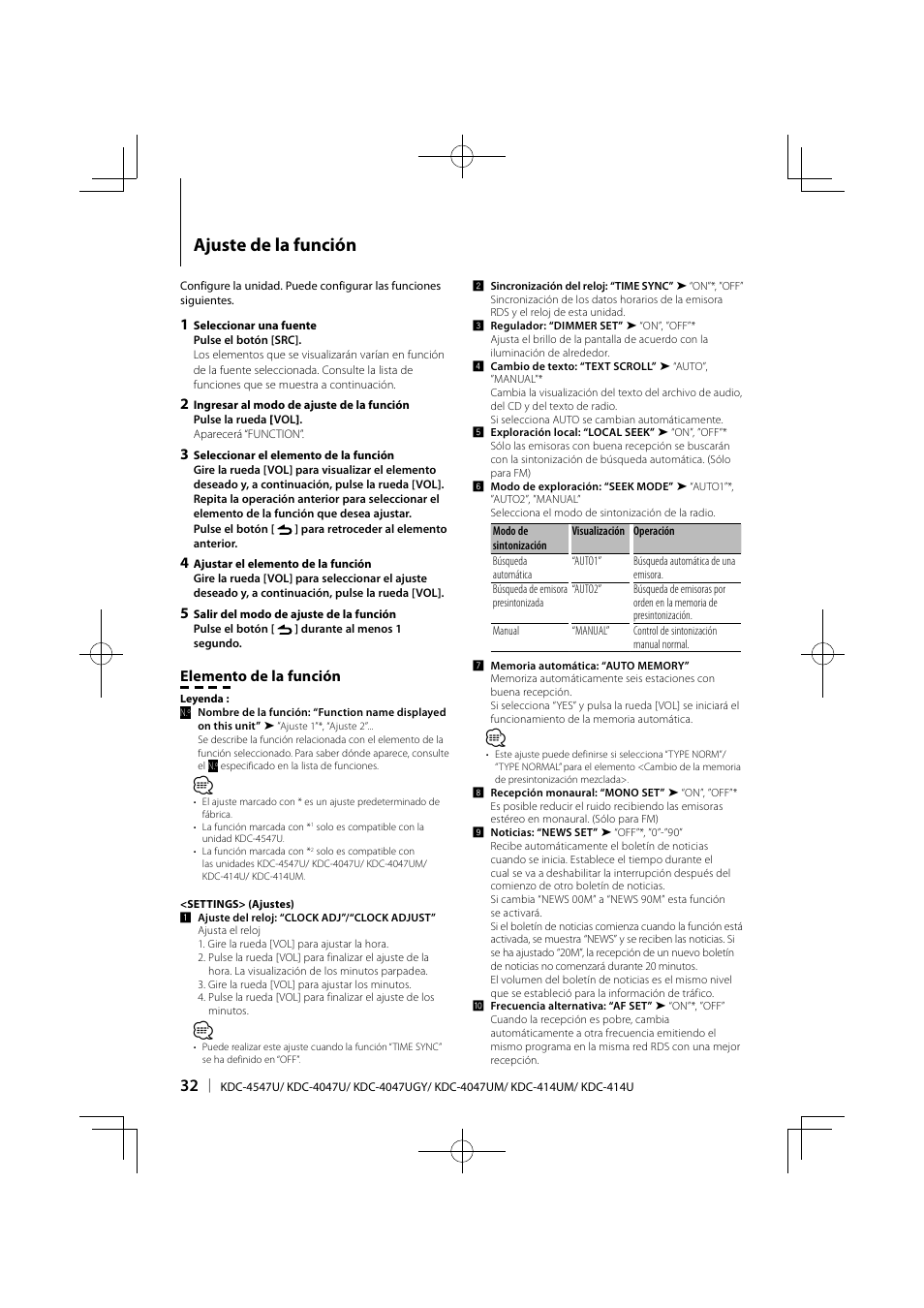 Ajuste de la función, Elemento de la función | Kenwood KDC-4547UB User Manual | Page 8 / 24