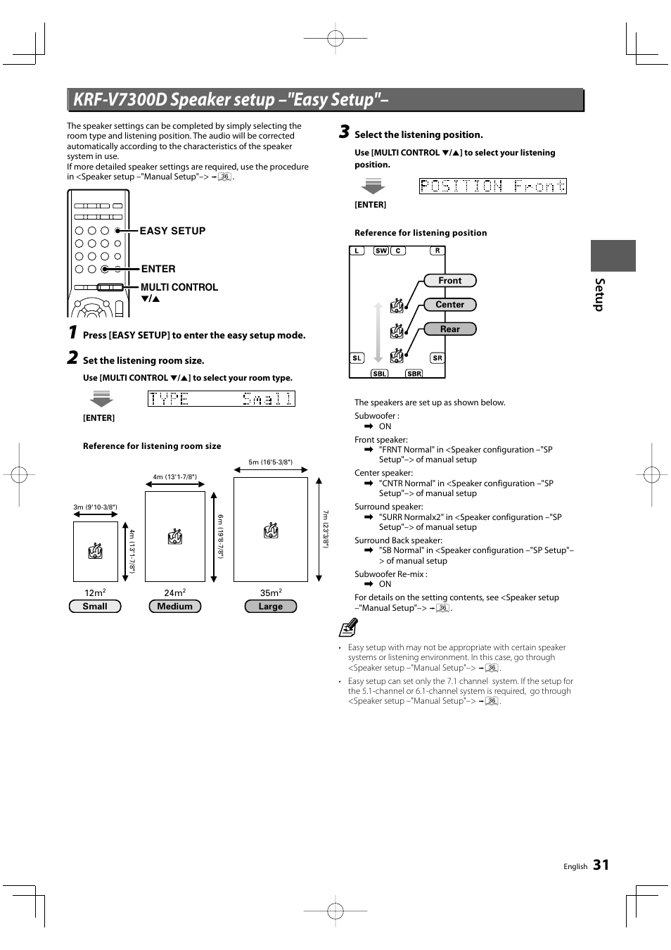 Krf-v7300d speaker setup –"easy setup, Set u p | Kenwood KRF-V8300D User Manual | Page 31 / 72