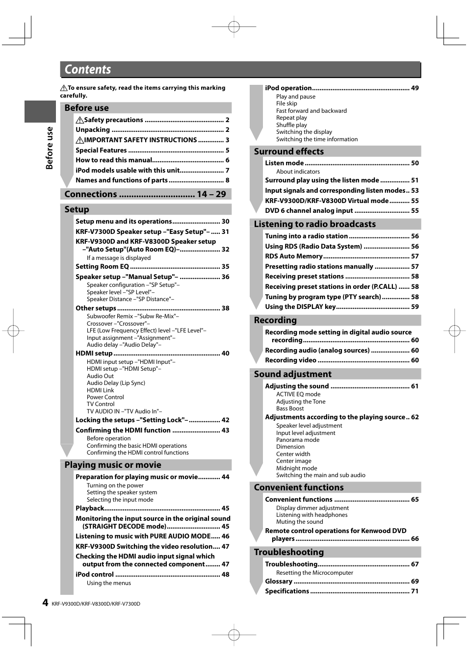 Kenwood KRF-V8300D User Manual | Page 4 / 72