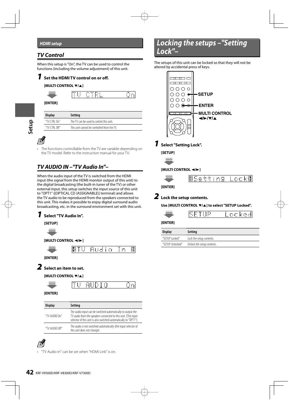 Locking the setups –"setting lock, Set u p tv control tv control, Tv audio in –"tv audio in | Kenwood KRF-V8300D User Manual | Page 42 / 72