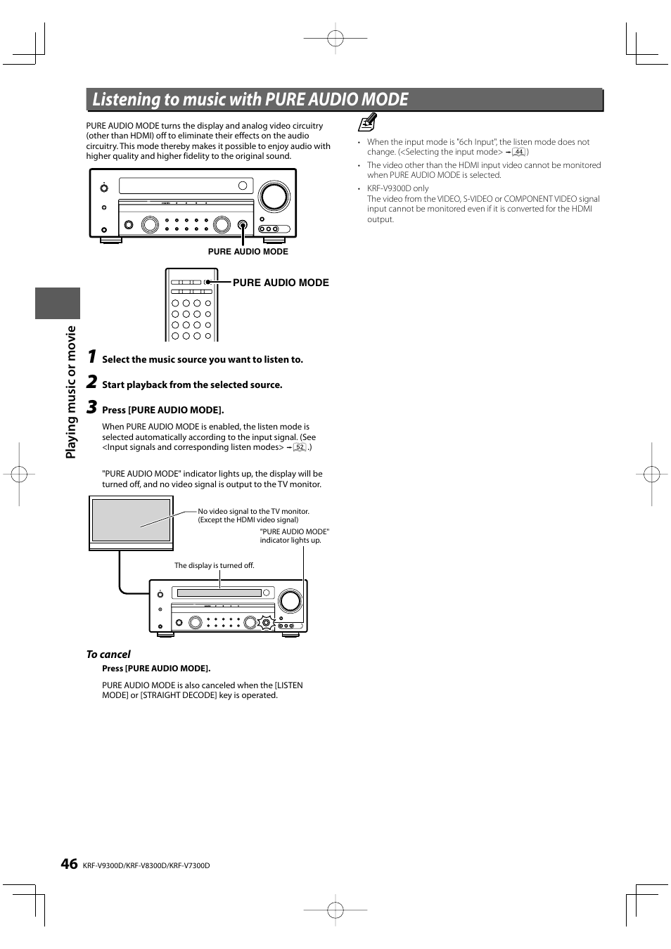 Listening to music with pure audio mode, Pla y ing m u si c or mo vie | Kenwood KRF-V8300D User Manual | Page 46 / 72