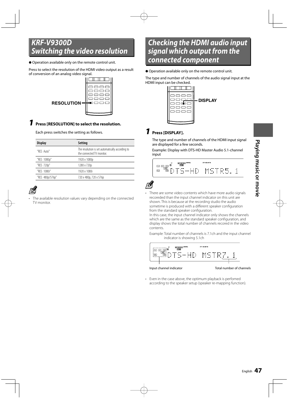 Krf-v9300d switching the video resolution, Pla y ing m u si c or mo vie | Kenwood KRF-V8300D User Manual | Page 47 / 72