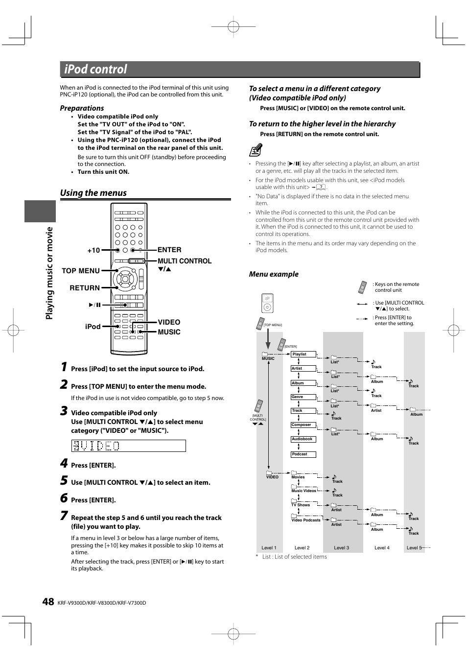 Ipod control, Pla y ing m u si c or mo vie, Using the menus | Preparations, Menu example | Kenwood KRF-V8300D User Manual | Page 48 / 72