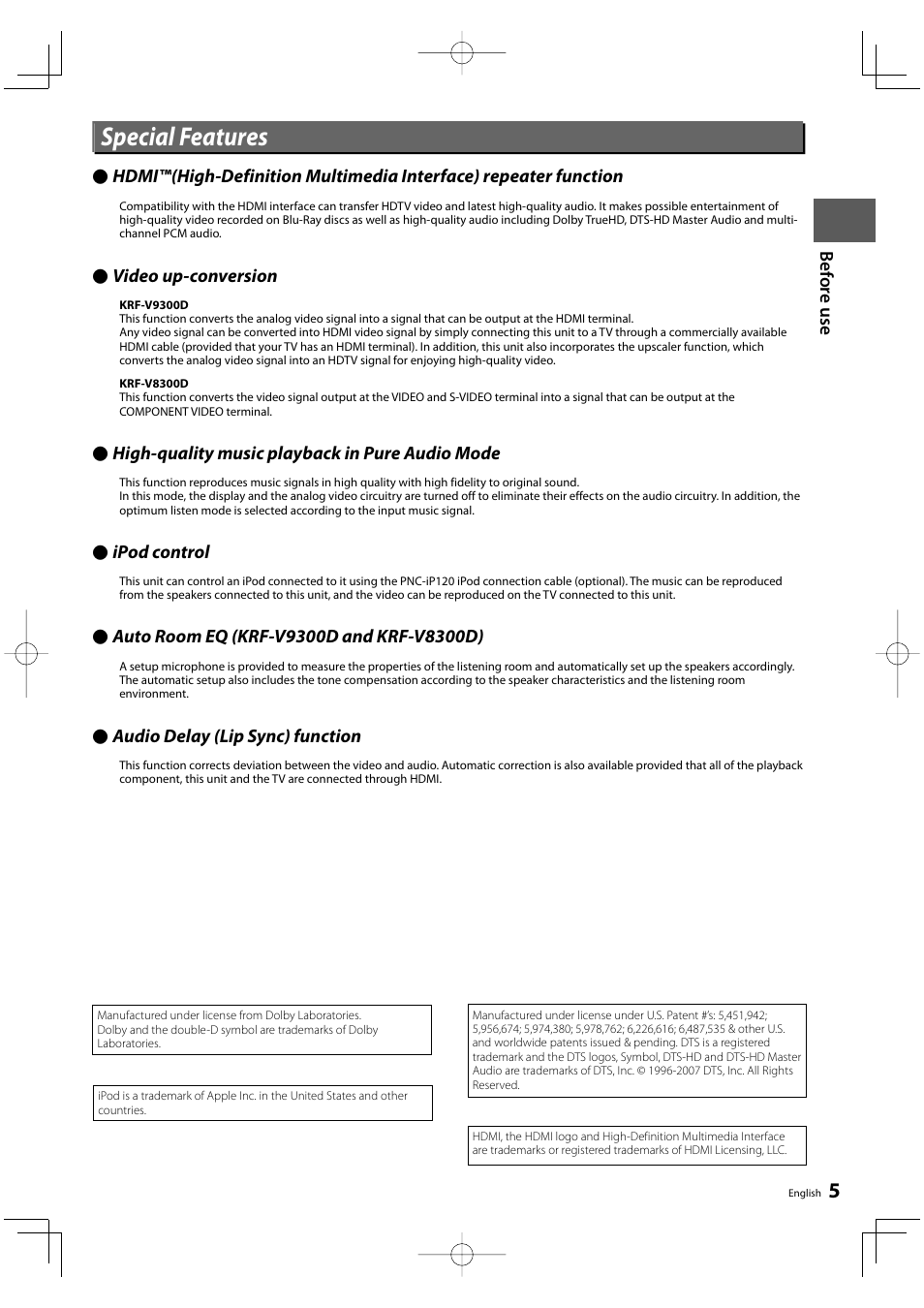 Special features, Bef o re u se, Video up-conversion video up-conversion | Ipod control ipod control | Kenwood KRF-V8300D User Manual | Page 5 / 72