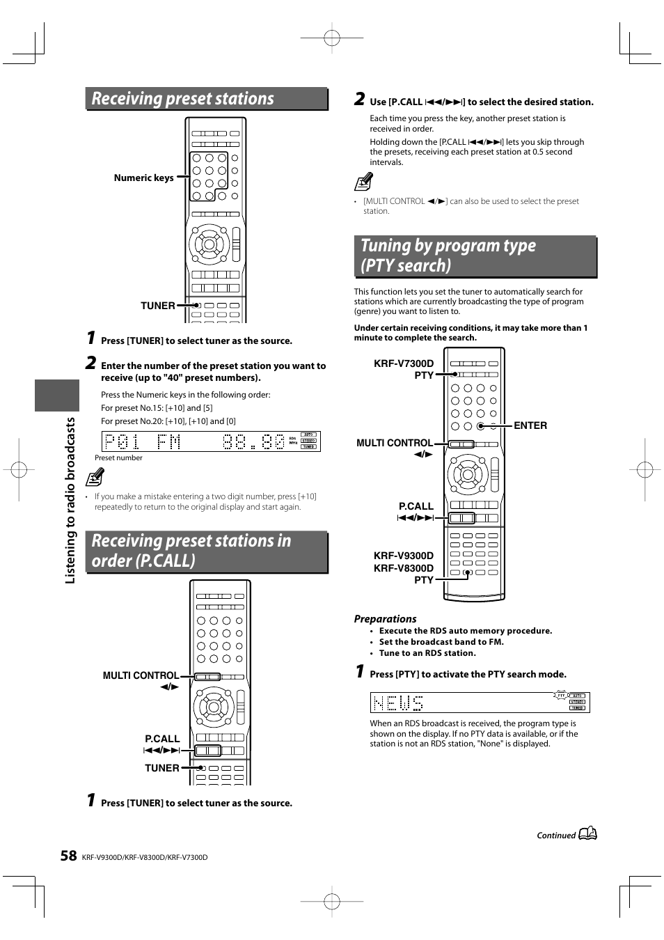 Receiving preset stations, Receiving preset stations in order (p.call), Tuning by program type (pty search) | List e n ing t o radio broadcast s | Kenwood KRF-V8300D User Manual | Page 58 / 72