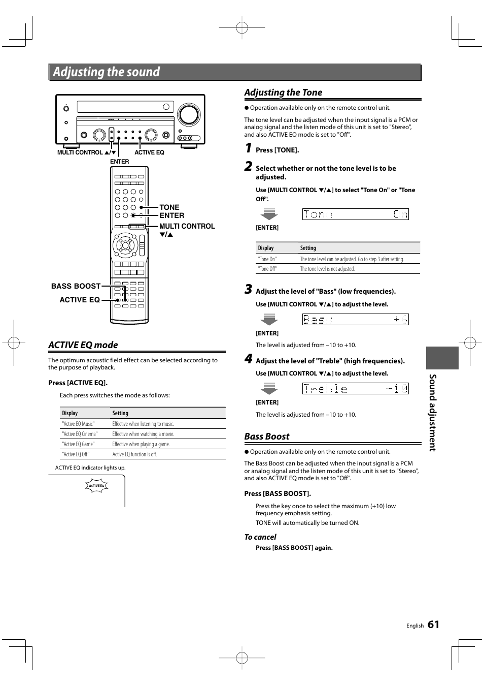 Adjusting the sound, Sound ad justme n t, Active eq mode | Adjusting the tone, Bass boost | Kenwood KRF-V8300D User Manual | Page 61 / 72
