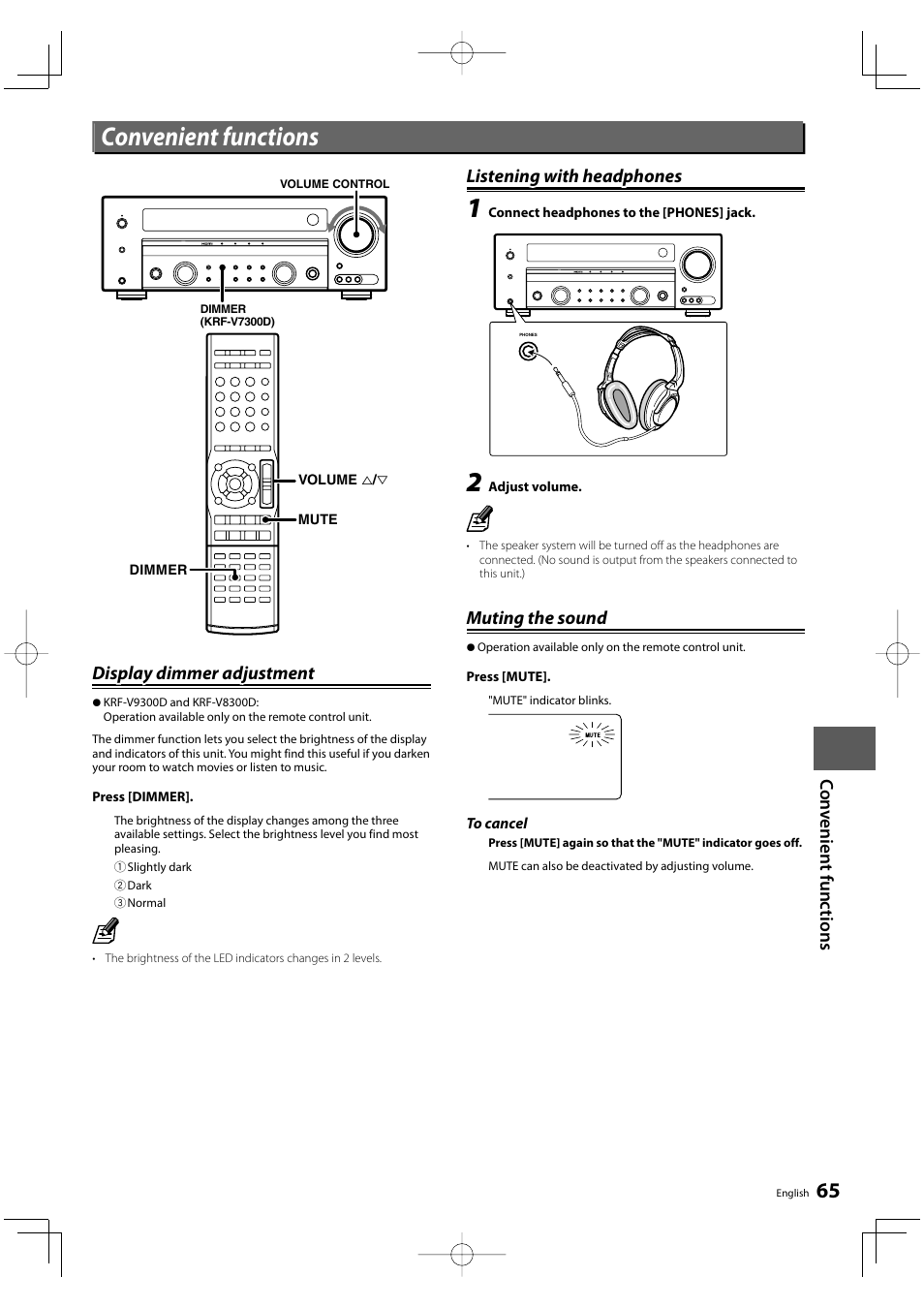 Convenient functions, Display dimmer adjustment, Listening with headphones | Muting the sound | Kenwood KRF-V8300D User Manual | Page 65 / 72